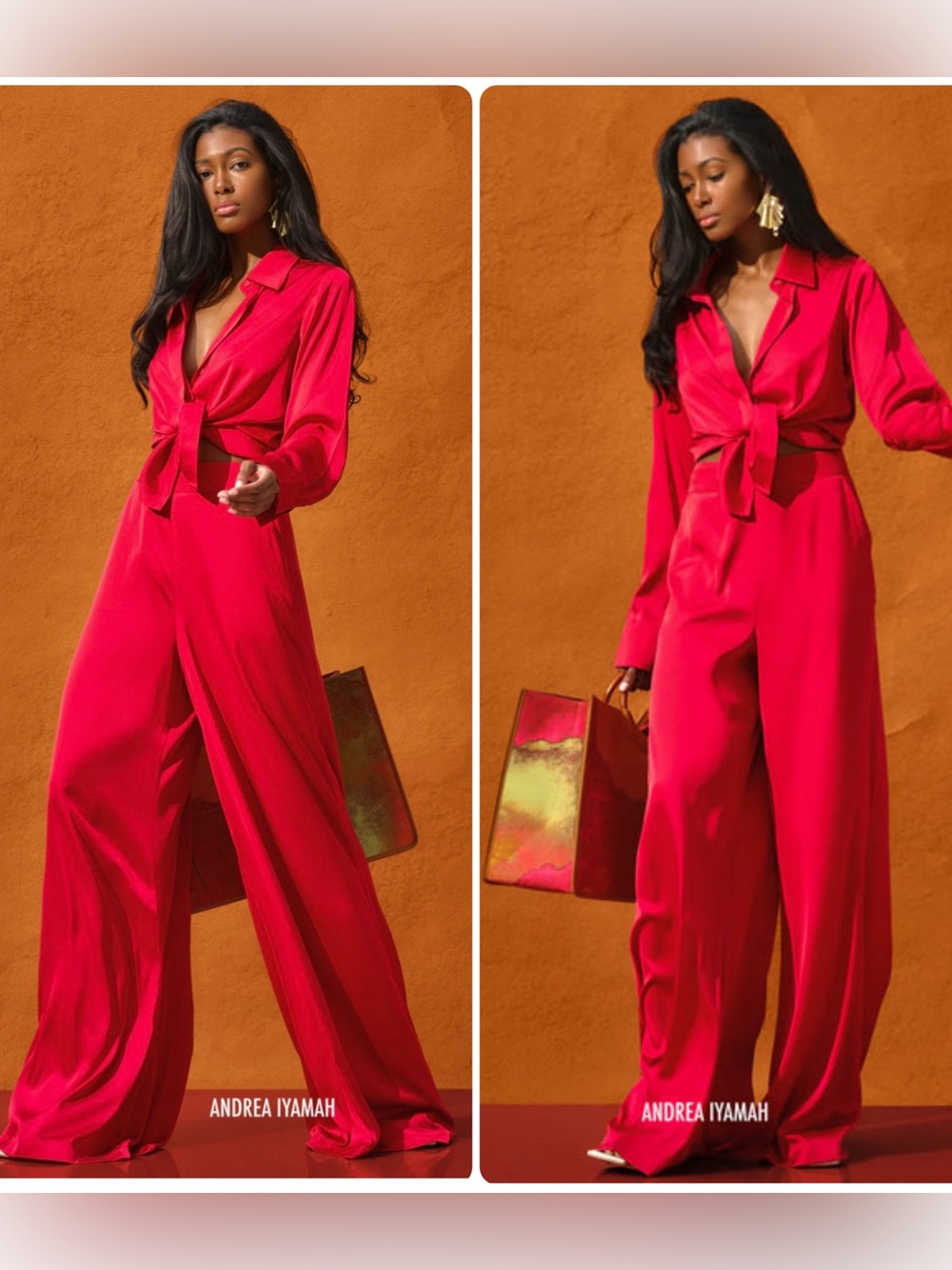Andrea Iyamah Ruby Satin Ara Wide-Leg Pants & Vans Button Shirt Top SET NWT $650